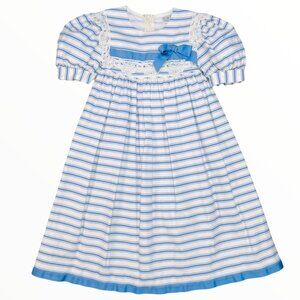 Vintage Ruth of Carolina Girls Blue + White Square Collared + Lace Dress 4T